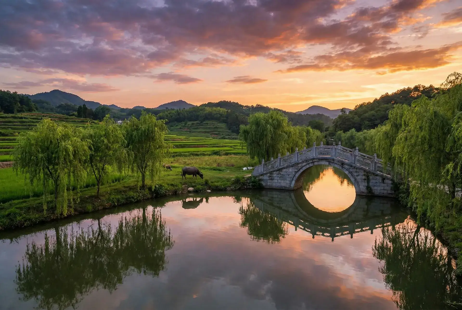 夕阳下的石拱桥与垂柳，水牛在河边吃草 - 迷妹网 乡村美景